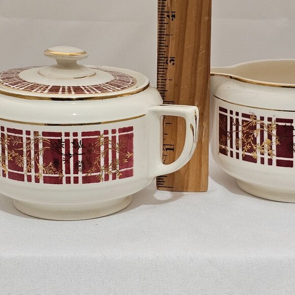 Homer Laughlin Piccadilly Creamer Sugar Stacking Set vtg red plaid gold floral - Picture 10 of 11